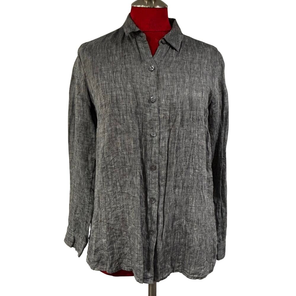 J Jill gray linen blouse button front marled long sleeves Size S career casual